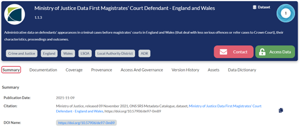 A screenshot of the ONS data catalogue, containing info on a Data First dataset. The info relates to a summary, documentation, coverage, provenance, access and governance, version history, assets, data dictionary. In the top right is the blue Altmetric badge, labelled '1'.